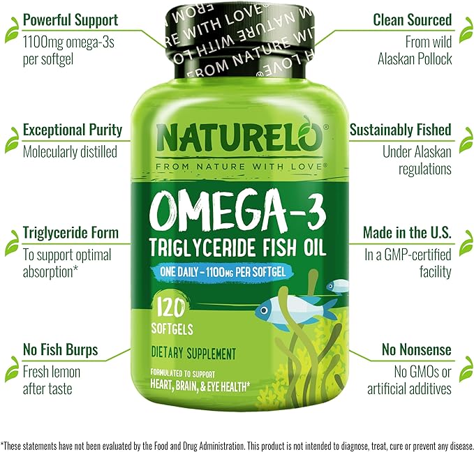 NATURELO Burpless Omega 3 Fish Oil Supplement - 1100mg Triglyceride Omega-3, EPA + DHA, Liquid Fish Oil Omega 3 for Heart, Eye, Brain, Joint Health - 120 Softgels, 4 Months Supply