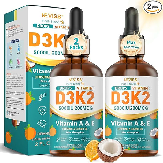 Vitamin D3 5000 IU Liquid Drops - Liposomal Vitamin D3+K2(MK-7) 200 mcg, Vitamin A, E, Coconut Oil, Vegan K2 D3 Vitamin Supplement, Highly Absorbent Supports for Bone, Muscle,Antioxidant,Immune 2 Pack