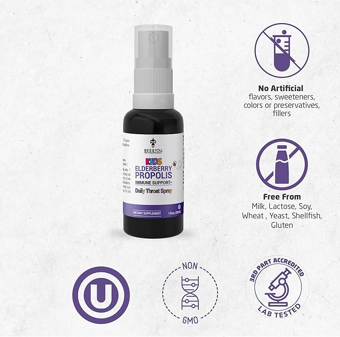 Bee and You, Kids Immune Support Supplement Throat Spray, Elderberry, Raw Honey, Propolis Extract, Vitamin C, Strawberry Juice, Antioxidants, Sore Throat Relief, 1 fl. Oz
