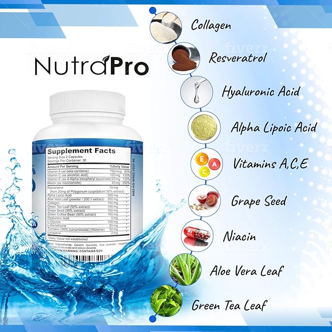 NutraPro Anti Wrinkle and Ageless Skin Vitamins - Dermal Repair Complex for Skin Repair with Collagen & Resveratrol & Alpha - Lipoic Acid & Hyaluronic Acid Supplement to Renew Skin