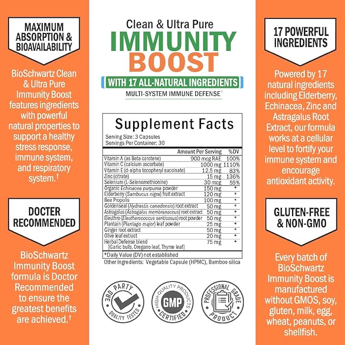 BioSchwartz Immune Support Supplement - Vitamin C with Zinc Elderberry Extract Ginger Bee Propolis Beta Carotenes, Immunity Boost for Adults, Immune Defense Antioxidant Vitamins, 90 Capsules