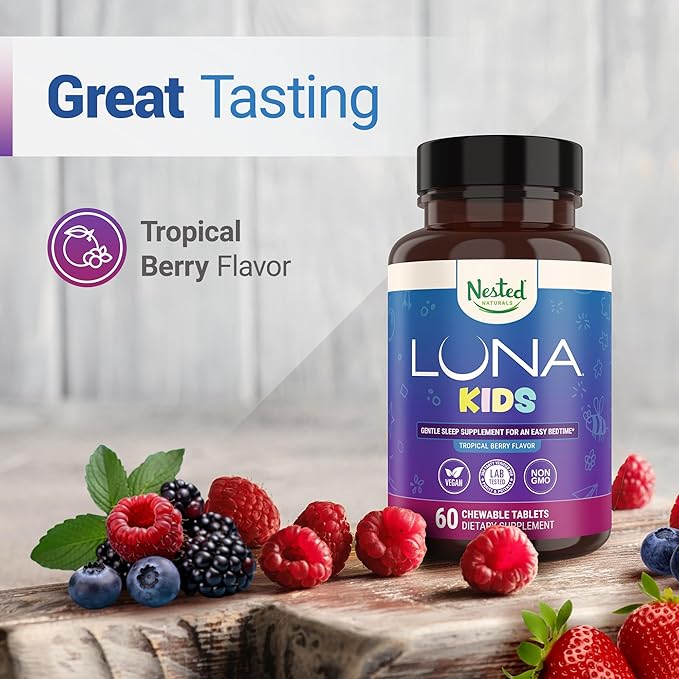 LUNA Kids | #1 Sleep Aid Tablets for Children 4+ and Sensitive Adults | Naturally Sourced Ingredients | 60 x Chewable Pills | Gentle, Herbal Supplement with Chamomile, Melatonin, Valerian & Lemon Balm