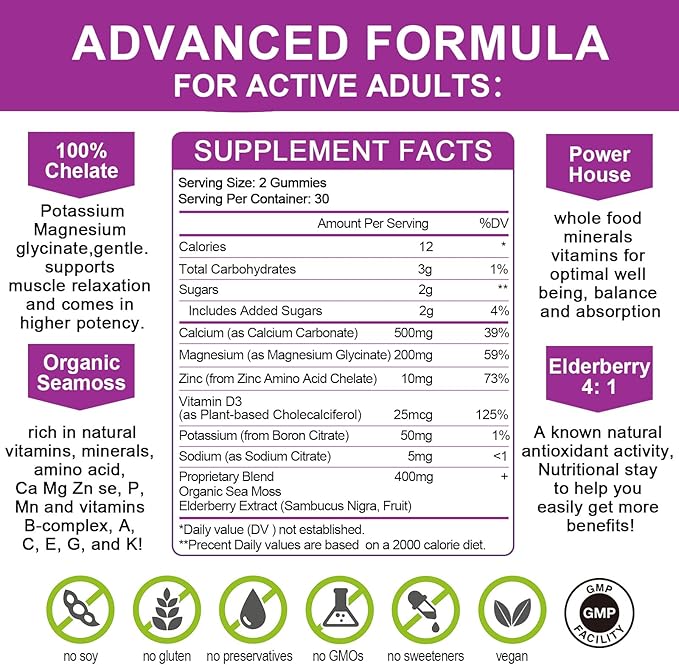 Calcium Magnesium Zinc Gummies with High Absorption Magnesium Glycinate 200mg, Potassium -Plant Calcium Supplement w/ D3 & Sea Moss for Bone, Muscles, Calm Mood & Sleep Support- Kids & adults (1 Pack)