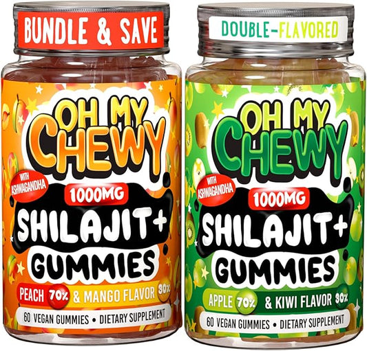 Pure Himalayan Shilajit Gummies - 100% Authentic Shilajit Reisin Extract for Men and Women with Ashwagandha and Shatavari - 60 Gummy - Apple & Kiwi and Peach & Mango Bundle
