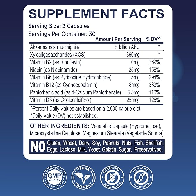 Akkermansia Muciniphila GLP-1 Probiotic Supplements - with XOS 5B AFU Vitamin B2 B6 B12 D3 Niacin Pantothenic Acid Increases GLP1 Production - Vegan Gluten-Free Capsules for Men Women (1 Pack)