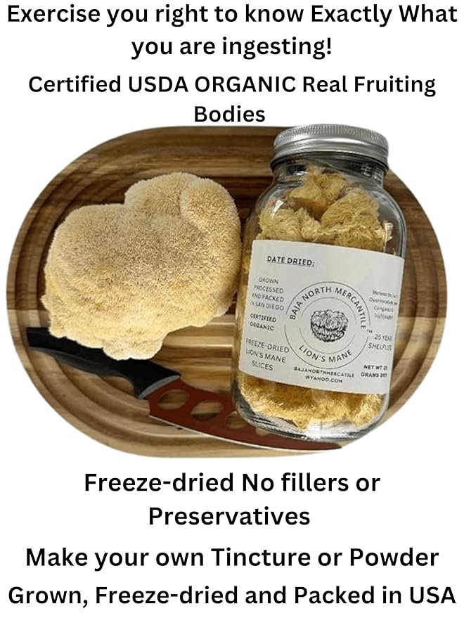 Freeze-Dried Lion's Mane Mushroom fruiting bodies Slices. Real Deal Large 25 Gram Jar. Great for tea or powder. Can be rehydrated and cooked or used as a herbal supplement. USDA organic. Excellent for Stamets Stack. No Refrigeration Required
