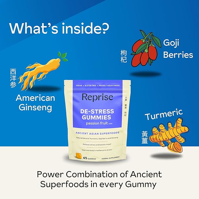 De-Stress Gummies with American Ginseng, Turmeric, and Goji - Assist with Stress Relief & Mood Boost, All-Natural Relaxation, Low-Sugar, 45 Vegan Gummies, Passion Fruit (45 Gummies (Pack of 1))