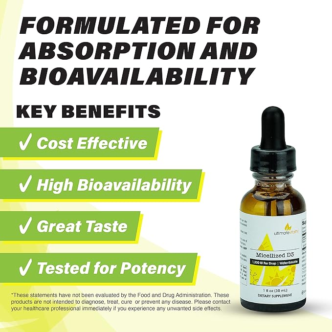 Micellized Vitamin D3 Liquid 750 Servings 1200 IU Per Drop, Best Value, Natural, Soy Free, Water Soluble - 1 Ounce