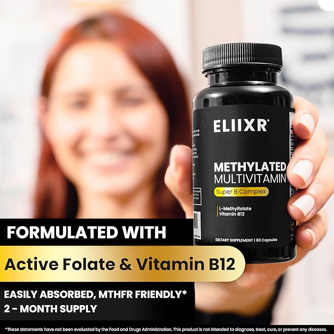 Eliixr Methylated Multivitamin Supplement for Men and Women with Active Methyl B12 and 5-MTHF Methylfolate 60 Vegetable Capsules Iron Free Made in The USA