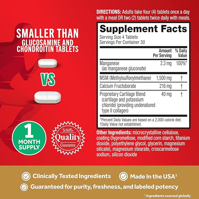 Move Free Ultra Pro with Quadruple Action Joint Support - Type 2 Collagen MSM Calcium Fructoborate & Manganese - Supports Joint Cartiliage Bone Connective Tissue, 120 Tablets (30 servings)