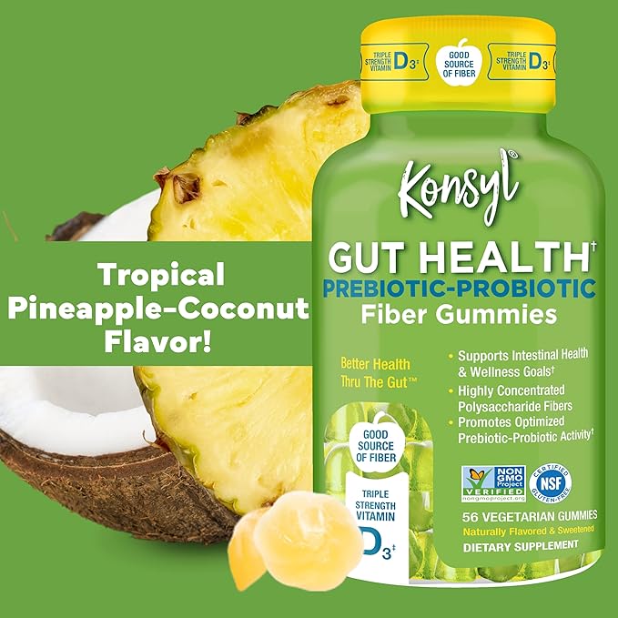 Konsyl Gut Health Prebiotic - Probiotic Fiber Gummies - Helps Support Digestive Health+ - Vegetarian Fiber Supplement Gummies for Adults- 56 Count