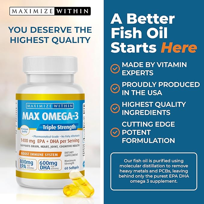 Maximum Slim Max Omega 3 Fish Oil Pills - Triple Strength Fish Oil Supplement (2000 mg Total Omega 3 Fatty Acids: 600mg DHA + 800 mg EPA per Serving)