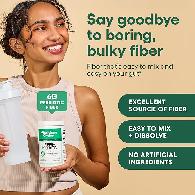Physician's CHOICE Fiber & Probiotic Powder - Supports Regularity, Bloating, Gas, & Digestive Health - Organic Prebiotics - Sugar Free Fiber Supplement for Women & Men - Unflavored - 8.7oz