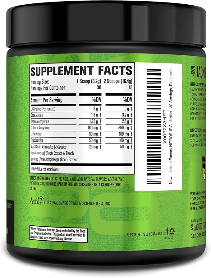 Jacked Factory NITROSURGE Pre Workout Supplement - for Energy, Instant Strength Gains, Clear Focus, Intense Pumps - Nitric Oxide Booster & Preworkout Powder with Beta Alanine - 30 Servings, Pineapple