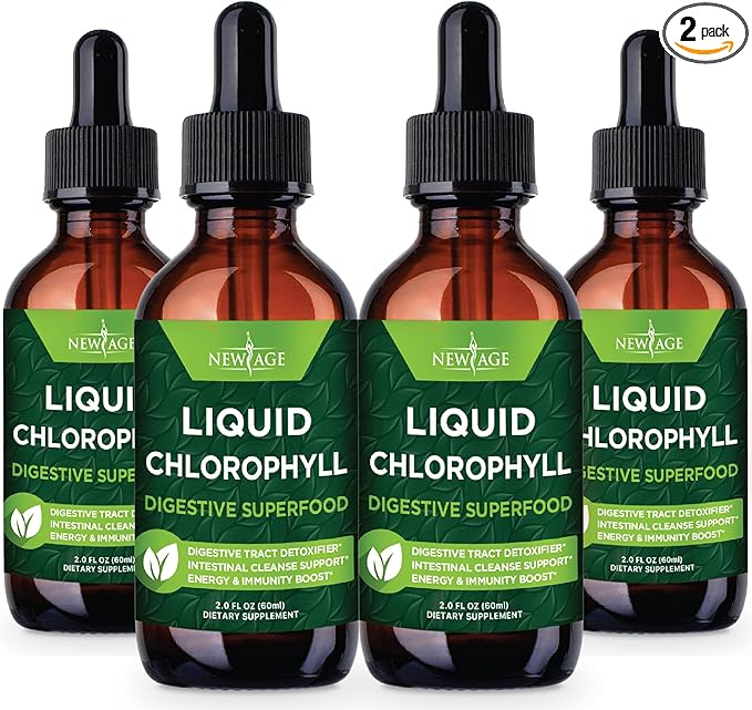 NEW AGE Chlorophyll Liquid Drops - Natural Concentrate – Energy Booster, Digestion and Immune System Supports, Internal Deodorant, Liver Function - (2 Fl Oz (Pack of 4))