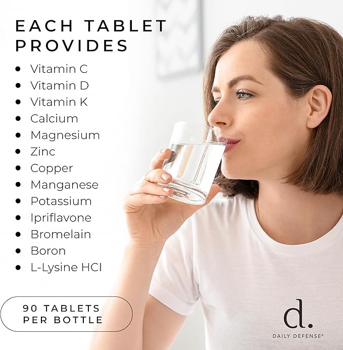 Calcium Supplements for Women & Men - Daily Defense Bone Support Formula with Calcium 1000mg, Magnesium, L-Lysine HCl, & More - for Better Flexibility & Mobility - 90 Easy to Swallow Calcium Tablets