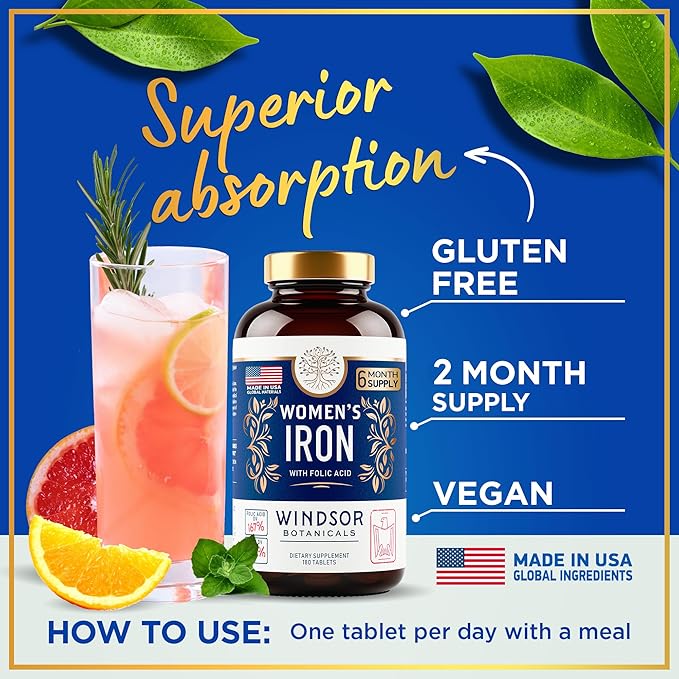 Iron and Folic Acid Supplements for Women - 35mg Gentle Iron Vitamin, Folic Acid 400mcg - Anemia, Period, Pregnancy Support Supplement, Ferrous Sulfate Pills - 60 Vegan Non-Constipating Tablets