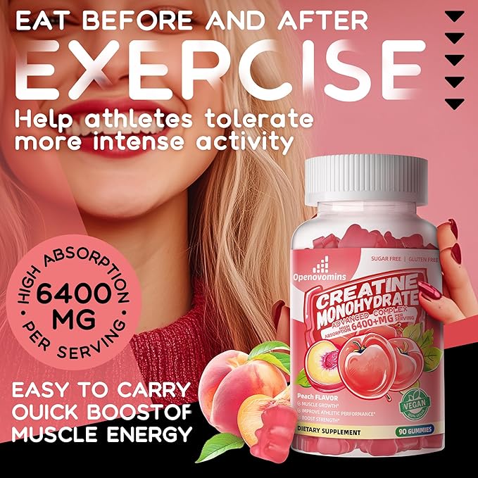 Creatine Monohydrate Gummies Complex for Men & Women -Advanced Formula W/L-Taurine + Vitamin B12, Sugar Free Chewable Supplement,90 Peach Gummies