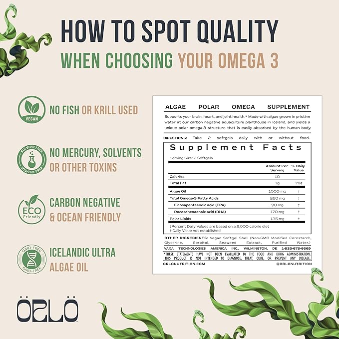 Orlo Omega 3 - Triple Strength Vegan Omega3s Supplement - Plant Based DHA & EPA Fatty Acids - Algae Omega-3 Oil - Krill or Fish Oil Alternative (60 Mini Softgels Kit)