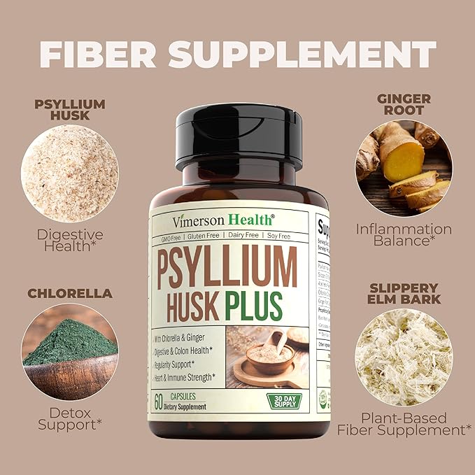 Psyllium Husk Powder Capsules. Fiber Supplement for Digestive, Colon & Gut Health - Dietary Fiber Pills with Ginger Root to Help Keep You Regular. Antioxidant Support. Vegan, Non-GMO. 60 Capsules