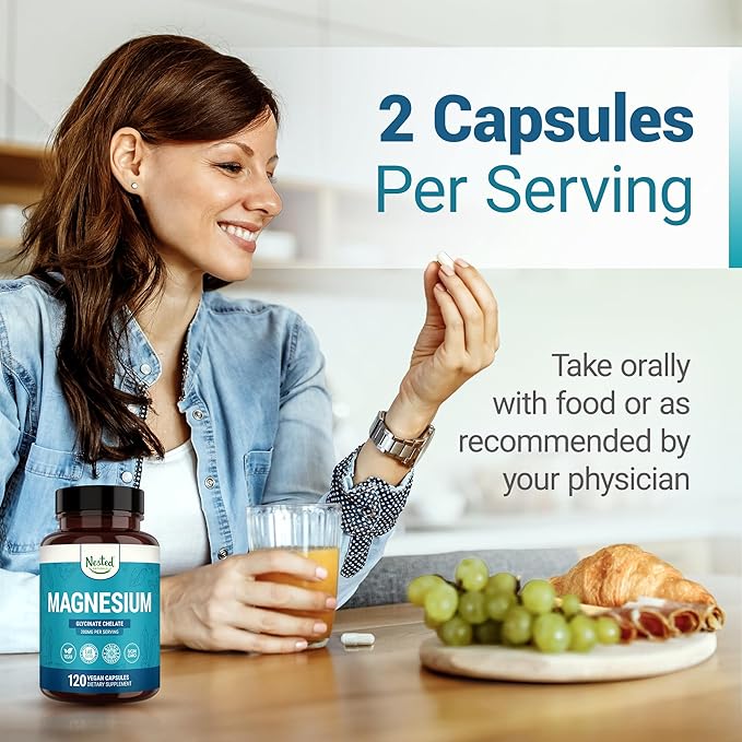 Nested Naturals Magnesium Glycinate Chelate - 200mg Chelated Magnesium Supplement for Muscle Cramps, Relaxation, & Sleep Support - 100% Albion TRACCS Buffered Magnesium Glycinate - 240 Vegan Capsules