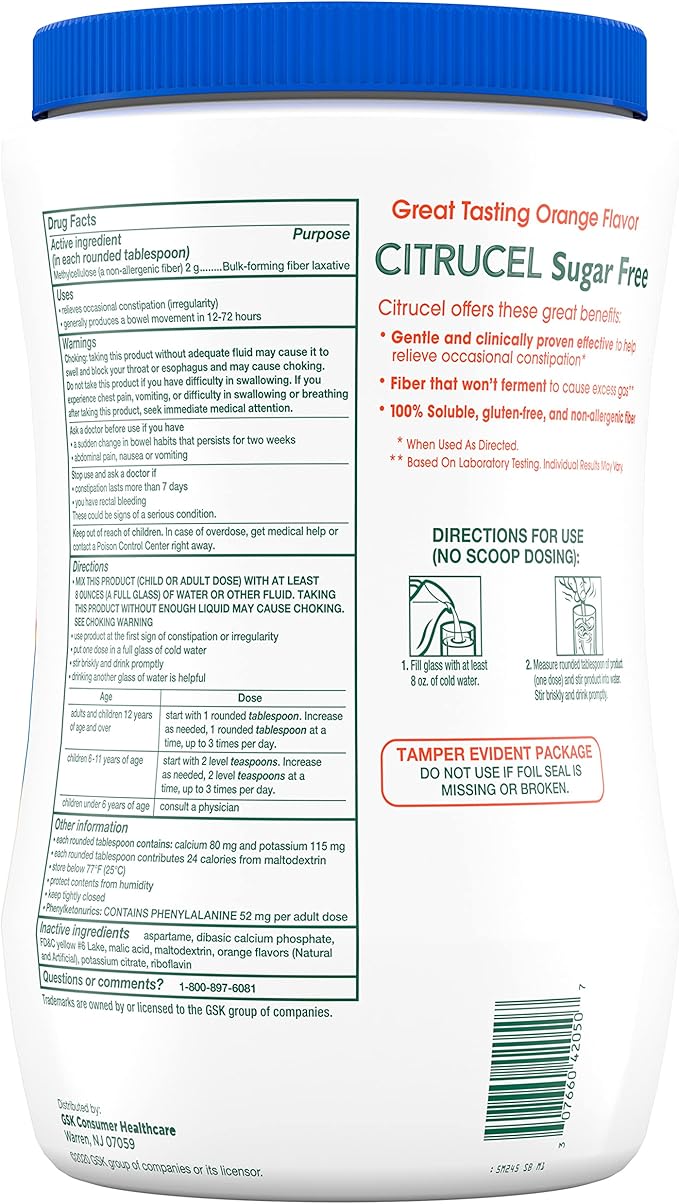 Citrucel Sugar Free Fiber Powder for Occasional Constipation Relief, Methylcellulose Fiber Powder, Orange Flavor - 32 Ounces