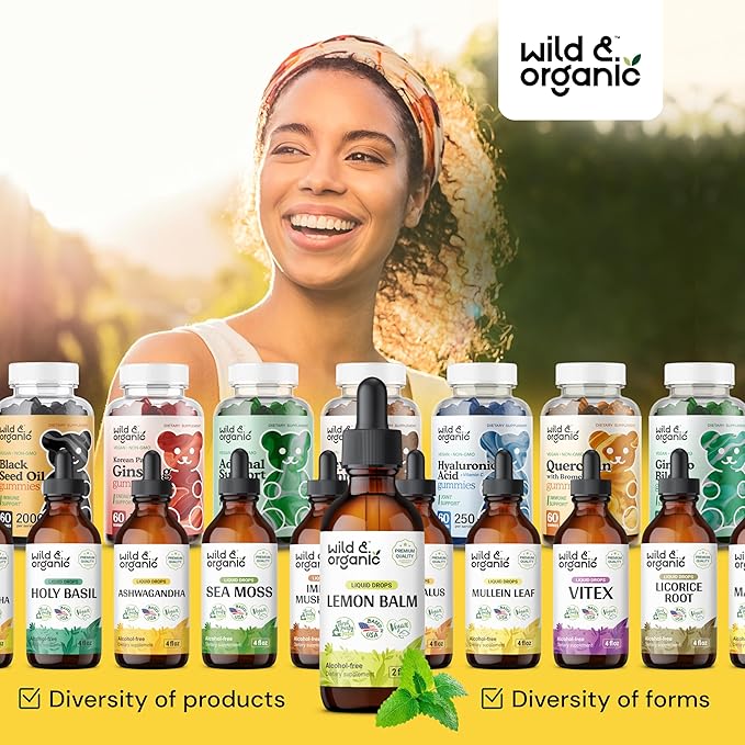 Wild & Organic Lemon Balm Drops - Relaxing Lemon Balm Leaf Extract Supplement - Calming Melissa Officinalis Tincture - Vegan, Sugar & Alcohol-Free - 2 fl oz