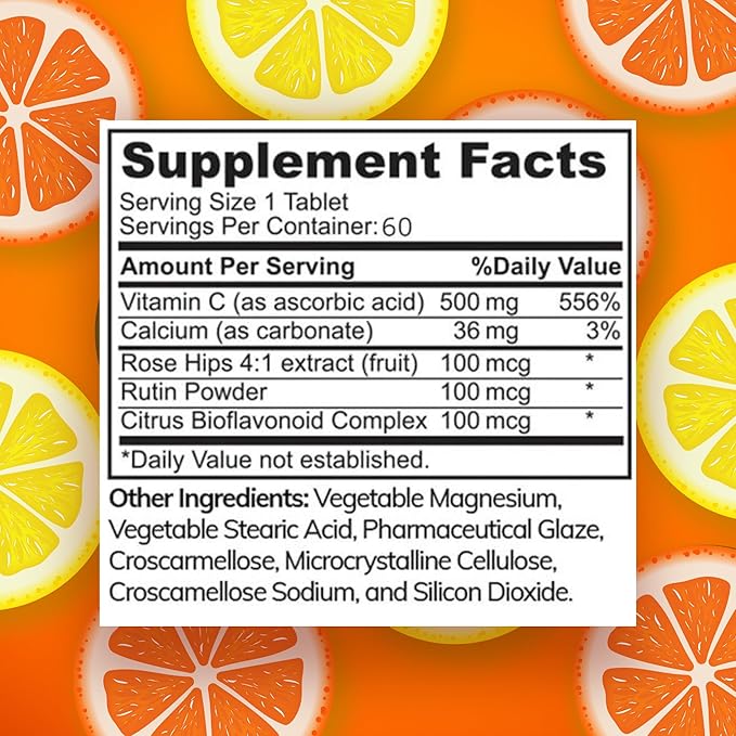 Halal Vitamin C 500mg Tablets with Rose HIPS Supports Immune System, Natural Antioxidant with Citrus Bioflavonoids - Vegan - Gluten-Free - 2 Months Supply - Halal Vitamins