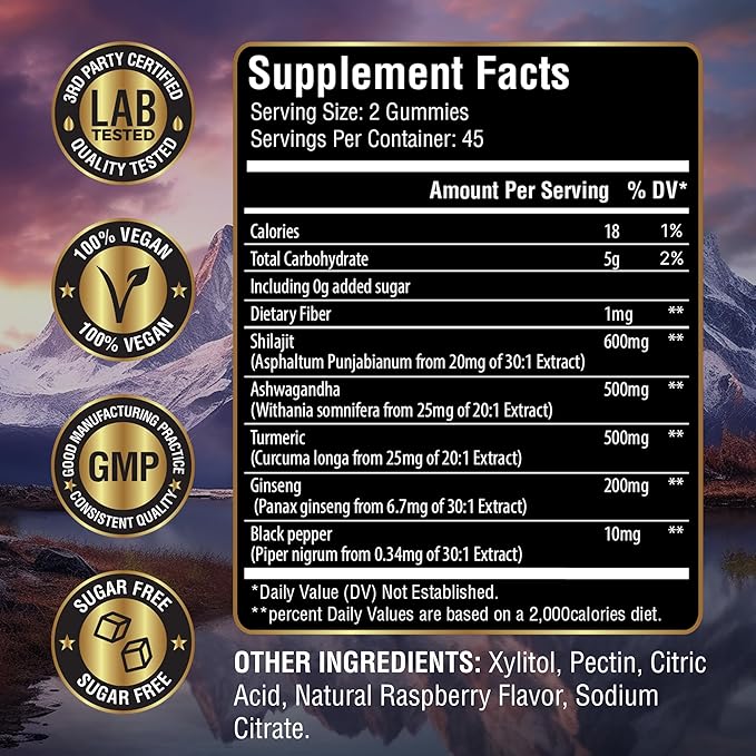 4-in-1 Organic Himalayan Shilajit Gummies | Fortified with Ashwagandha, Turmeric, & Ginseng | for Energy, Immunity & Cognitive Support | 90 Count | Sugar Free, Vegan, Non-GMO | for Men and Women