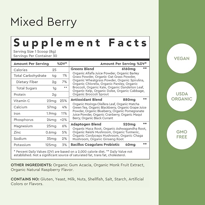 Alaya Organic Super Greens Powder - Premium Green Juice Superfood Supplement Powder - Adaptogens, Antioxidants & Probiotics Blend - USDA Organic, Non-GMO, Vegan - 30 Servings (Mixed Berry)