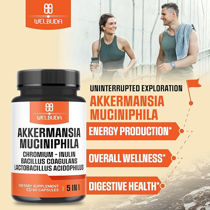 5in1 Akkermansia Probiotic Capsules for Increases GLP-1 - Contains Inulin, Bacillus Coagulans, Lactobacillus Acidophilus and Chromium - 60 Capsules for 60 Days