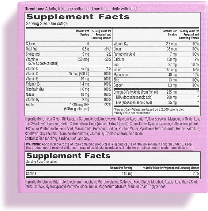 ONE A DAY Women’s Prenatal Advanced Complete Multivitamin with Brain Support* with Choline, Folic Acid, Omega-3 DHA & Iron for Pre, During & Post Pregnancy, 60+60 Ct (120 Total) (Packaging May Vary)