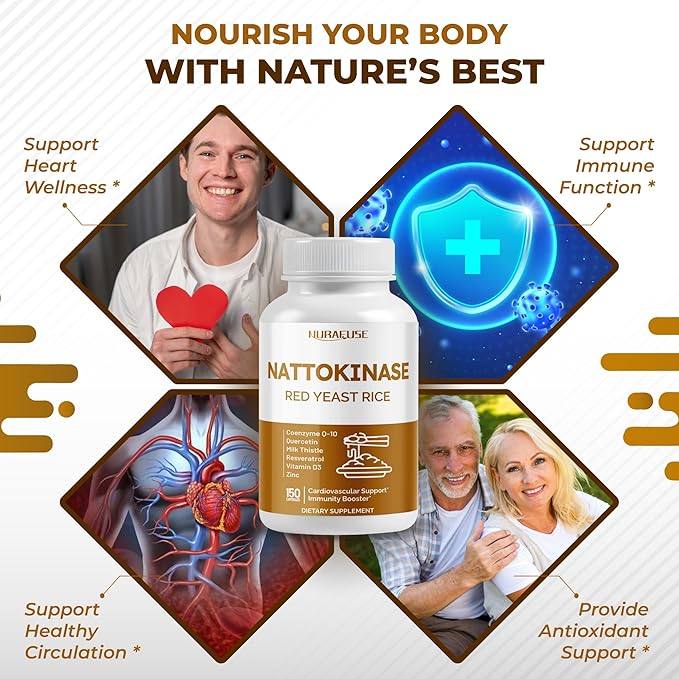NATTOKINASE 11-in-1 Formula - with Red Yeast Rice Coenzyme Q-10 Quercetin, Milk Thistle, Resveratrol - Non-GMO, Gluten-Free, Soy-Free