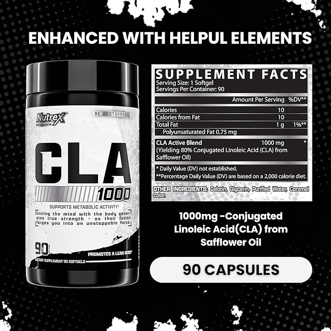 Nutrex CLA 90 Soft Gels - 1000mg Conjugated Linoleic Acid Active Blend from Safflower Oil - Stimulant-Free Metabolism Booster Pills for Weight Loss