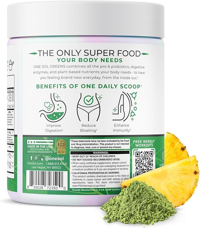One Sol Greens, Super Greens Powder to Reduce Bloating & Improve Gut Health, Superfood Fresh Bloom Organic Greens Blend Juice & Smoothie Mix, Pre & Probiotic with Digestive Enzymes, Vegan & Soy Free