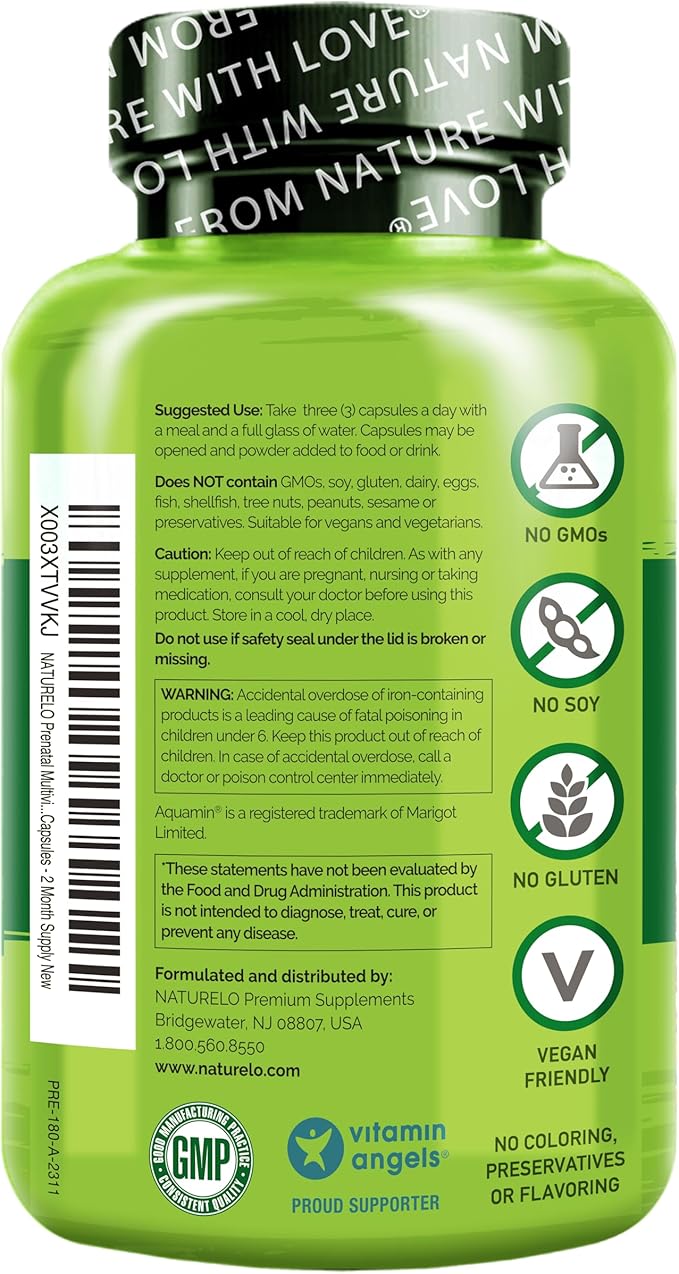 NATURELO Prenatal Multivitamin with Gentle Chelated Iron, Methyl Folate, Plant Calcium & Choline - Vegan, Vegetarian - Non-GMO - Gluten Free - 180 Capsules - 2 Month Supply