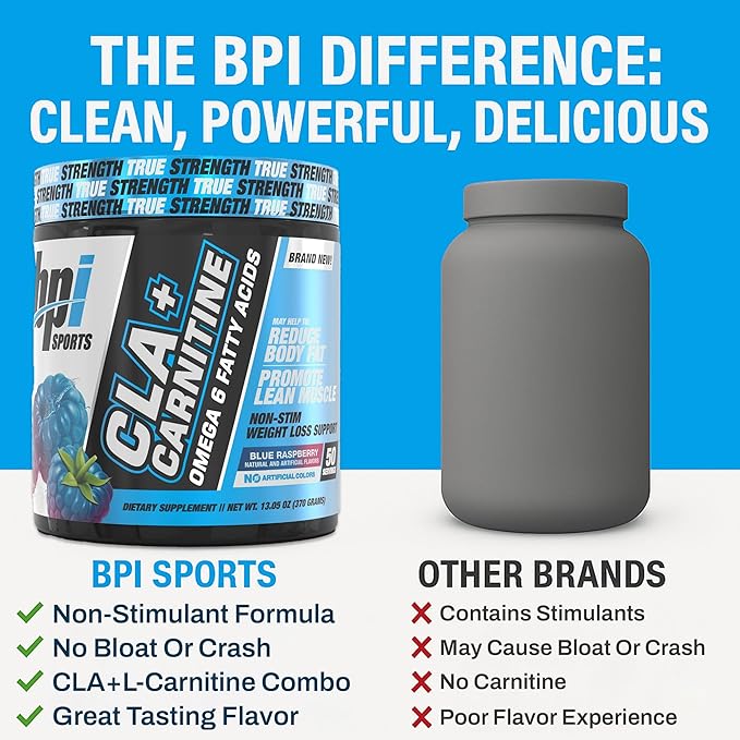 BPI Sports CLA + Carnitine – Conjugated Linoleic Acid – Weight Loss Formula – Metabolism, Performance, Lean Muscle – Caffeine Free – for Men & Women – Blue Raspberry – 50 Servings – 12.34 oz.