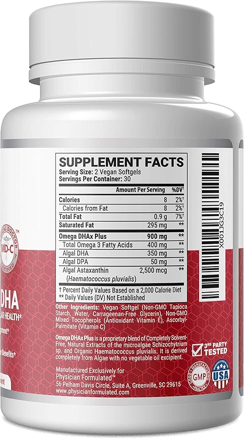 Vegan DHA for Brain and Prenatal 100% Algae Based Omega 3 Essential Fatty Acids with NO Carrageenan, NO Vegetable Oil Plus 2500mcg Astaxanthin