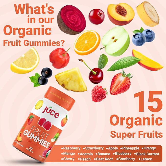 Juce Fruit Gummies with Peach Flavor - Superfood Gummies Delights for Optimal Health By Terra Kai Organics