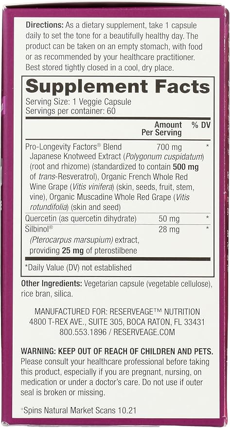 Reserveage Beauty, Resveratrol 500 mg with Pterostilbene, Antioxidant Supplement for Immune Support & Heart Health, Supports Healthy Aging, Paleo, Keto, 60 Capsules (60 Servings)