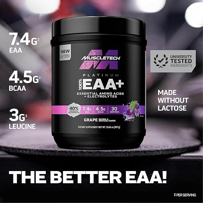 MuscleTech Platinum Essential Amino Acids Supplement with Electrolytes, Grape - Pre-Workout Powder for Energy, Muscle Growth & Strength Builder - EAA Complex for Men & Women - 30 Servings
