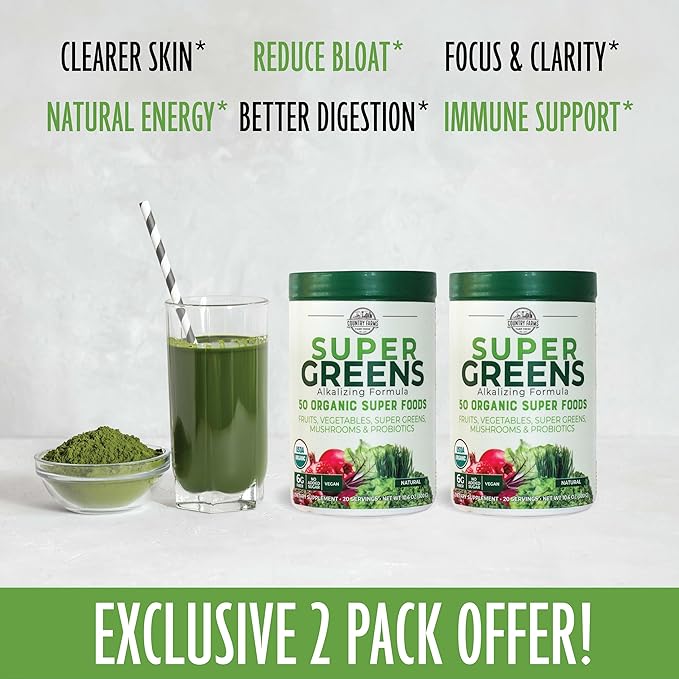 COUNTRY FARMS Super Greens Natural Flavor, 50 Organic Super Foods, USDA Organic Drink Mix, Fruits, Vegetables, Super Greens, Mushrooms & Probiotics, Supports Energy, 40 Servings, 10.6 Oz, 2 Pack
