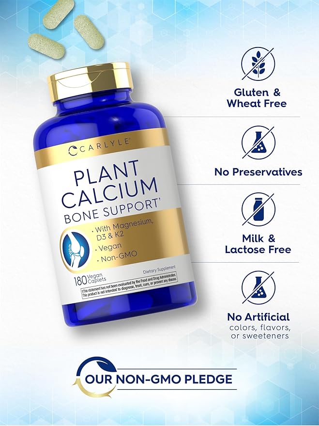 Carlyle Plant Based Calcium with Vitamin K2, D3, Magnesium | 180 Vegan Caplets | Bone Strength Supplement | Non-GMO, & Gluten Free