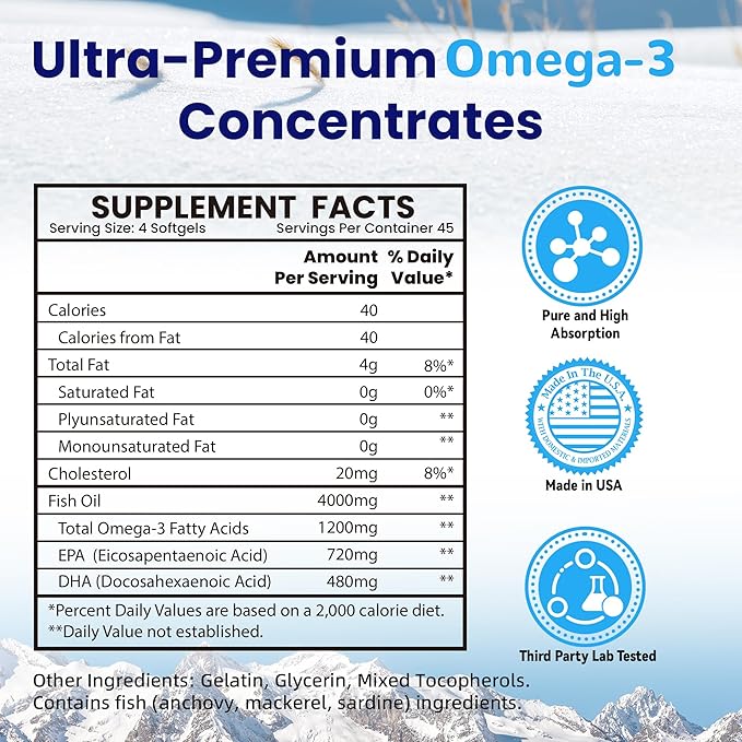 Fish Oil Omega 3 (4000mg), 180 Softgels,Omega 3 Fatty Acid Supplements with EPA & DHA for Brain & Heart Health*