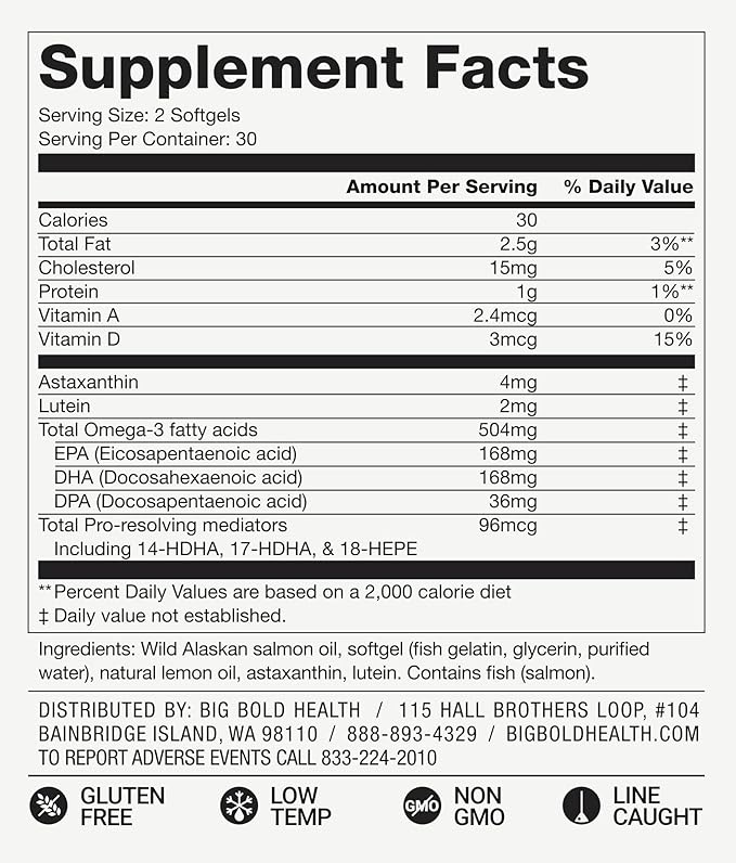 Skin & Eye Health | Wild Alaskan Salmon Oil with Astaxanthin | Lutein | Pro-Resolving Mediators | Vitamins A&D | Gluten-Free | 60 Softgels