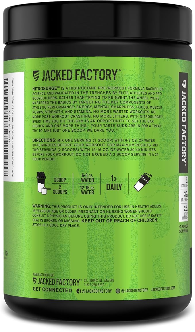 Jacked Factory NITROSURGE Pre Workout Supplement - Endless Energy, Instant Strength Gains, Clear Focus, Intense Pumps - Nitric Oxide Booster & Preworkout Energy Powder - 60 Servings, Arctic White