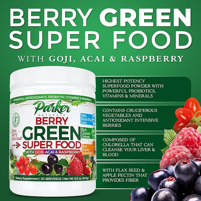 Berry Greens Superfood Powder, Organic Green Powder with Enzymes, Probiotics, Antioxidants, and Vitamins, Vegan Green Juice Mix, 240 Grams