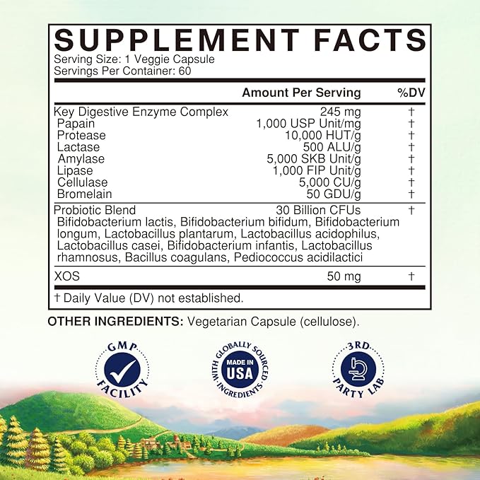 Vitalitown Digestive Enzyme | 3-in-1 Formula | Probiotics + Prebiotics | 60 Veg Caps | 245 mg | Seven Key Enzymes | Bromelain, Lactase | for Digestion | Vegan, Non-GMO
