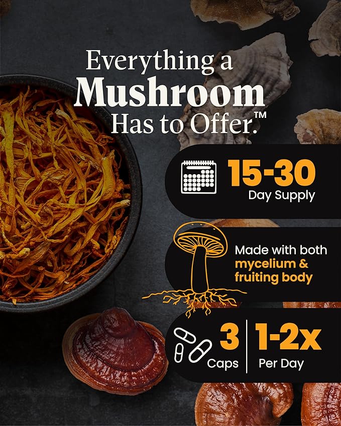 Mushroom Wellness Everyday 10: Organic 10-in-1 Mushroom Capsules with Lion's Mane, Shiitake, Reishi, Turkey Tail & More, Mushroom Powder Supplement, Immune & Nervous System Support, 90 Vegan Capsules