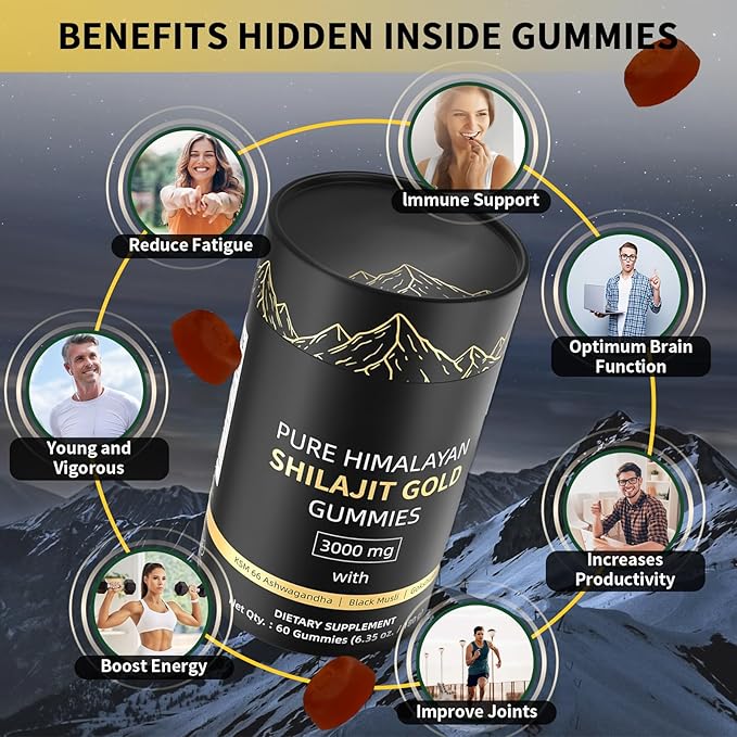 Shilajit Gummies, Pure Himalayan Shilajit Gummies Gold, No Added Sugar Non-GMO 100% Natural & Organic, Ashwagandha, Gokshura| Fulvic Acid & 85+ Trace Minerals for Men, Women | 60 Gummy